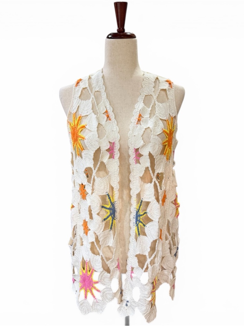 CATO White Crochet Vest with Vibrant Sun Accents Size S